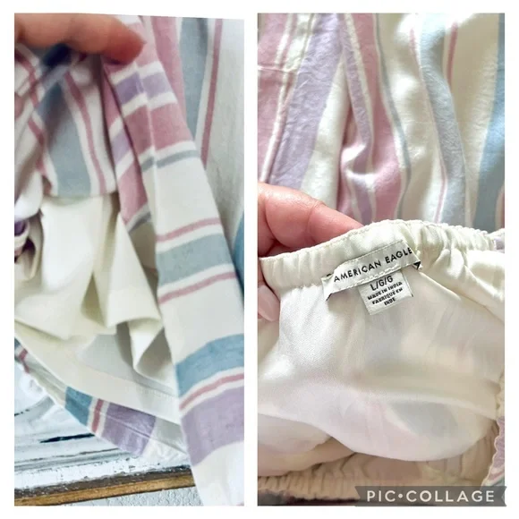 AMERICAN EAGLE STRIPED DUSTY COLORS VISCOSE LINEN BLEND LINED STRAPLESS ROMPER - Picture 3 of 5